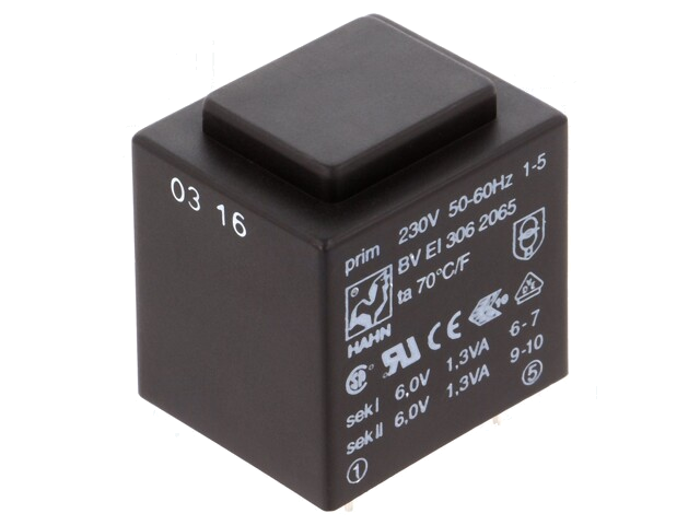Transformator: ingegoten; 2,6VA; 230VAC; 6V; 6V; 217mA; 217mA; PCB Transformator: ingegoten; 2,6VA; 230VAC; 6V; 6V; 217mA; 217mA; PCB